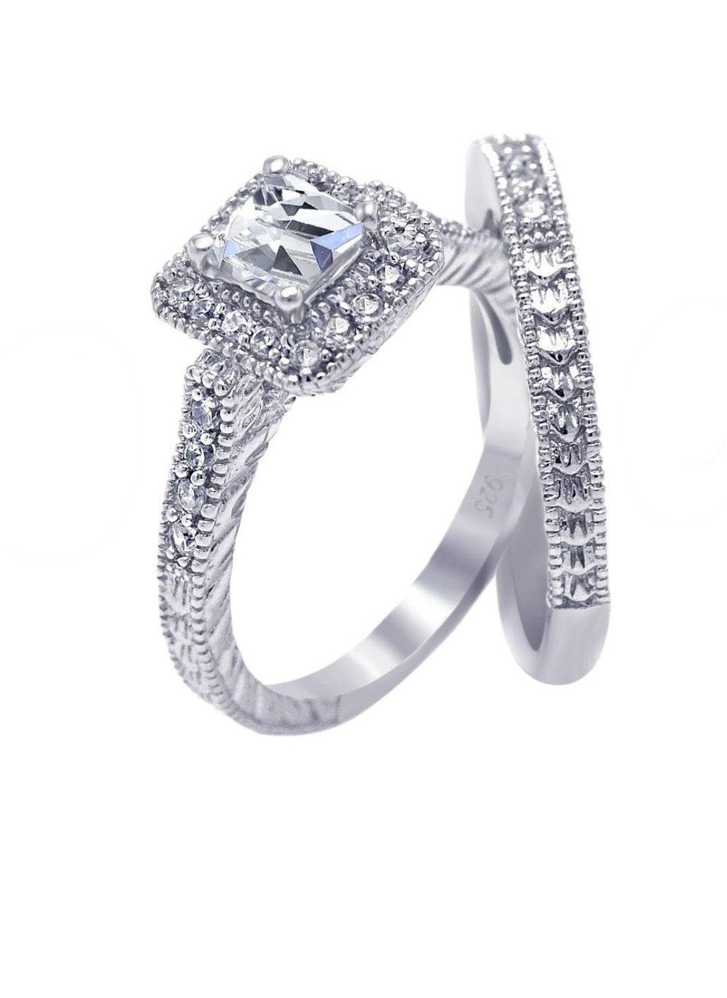 Pave Clear Square Cluster CZ Engagement Ring Set