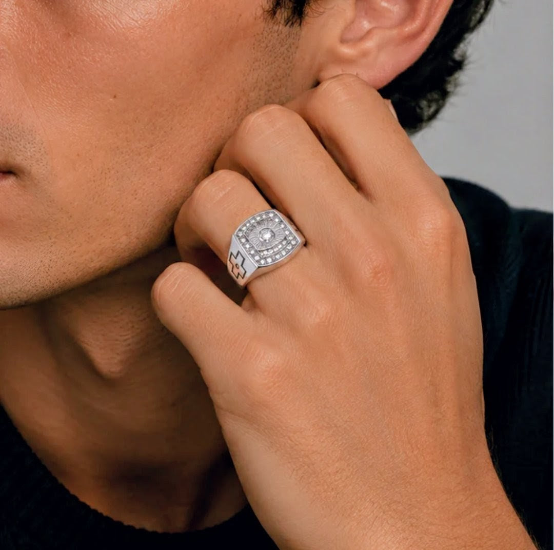 Rhodium Plated 925 Sterling Silver Moissanite Square Halo Men's Statement Ring