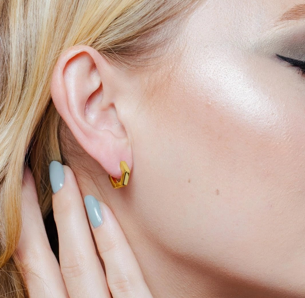 Small Hexagon Huggie Hoop Earrings Silver plPlated.