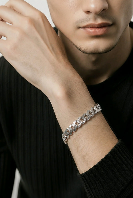 Rhodium Plated 925 Sterling Silver Lightweight Diamond Cut Miami Cuban 10.5mm Hollow Bracelet.