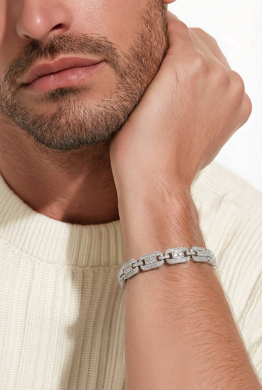 Rhodium Plated 925 Sterling Silver 925 CZ Square Link Bracelet 8.8mm