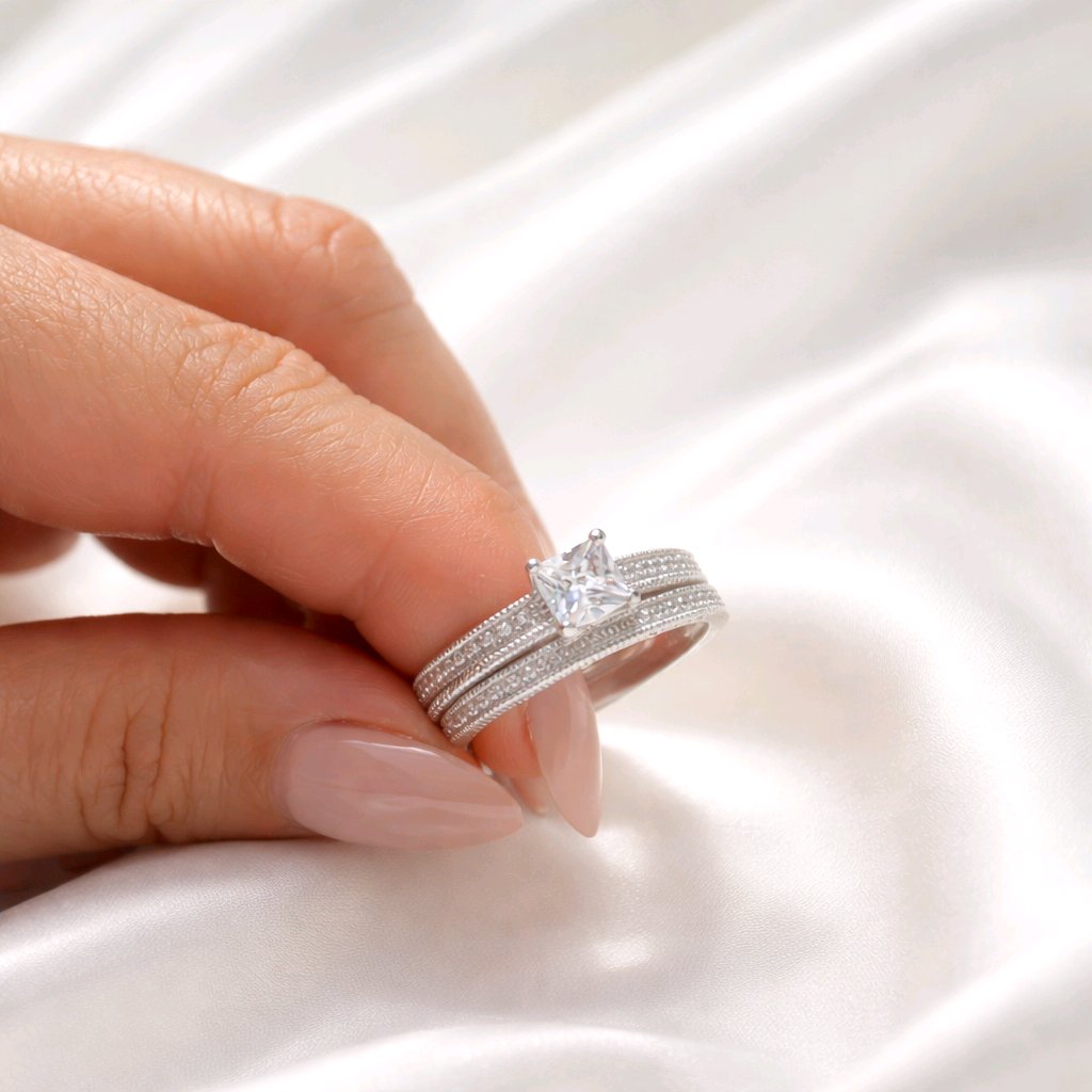 Pave Princess Cut Center CZ Engagement Ring Set
