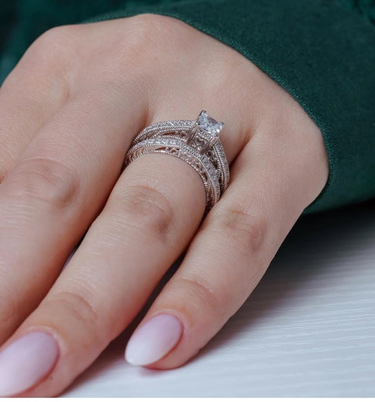 Pave Princess Cut Center CZ Engagement Ring Set