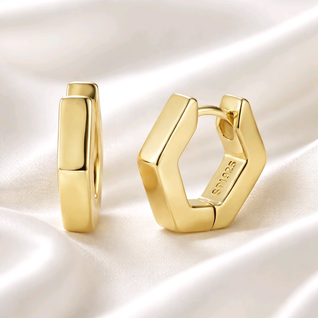 Small Hexagon Huggie Hoop Earrings Silver plPlated.