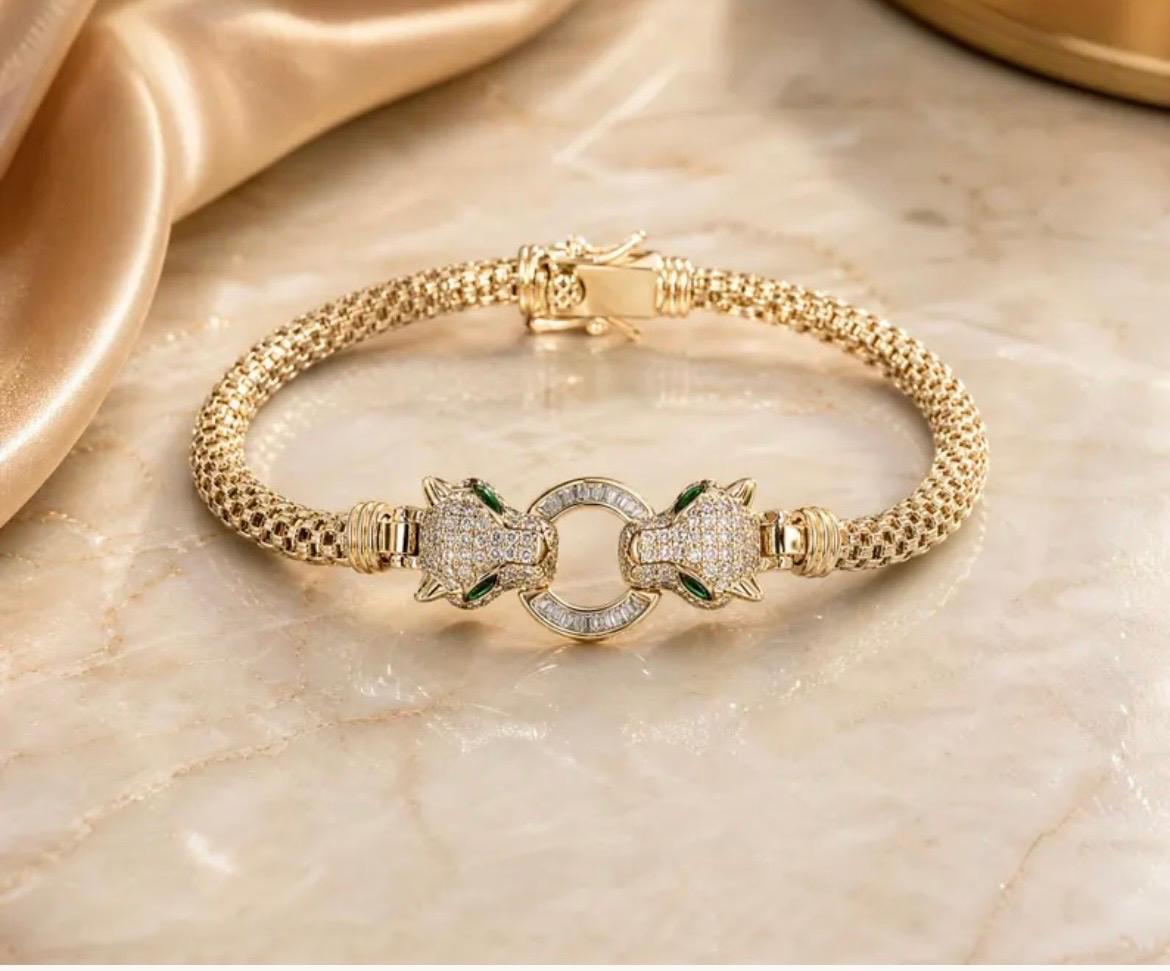 Panther head bracelet Moissanite  14k Gold plated Sterling Silver