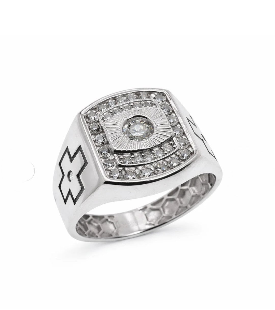 Rhodium Plated 925 Sterling Silver Moissanite Square Halo Men's Statement Ring