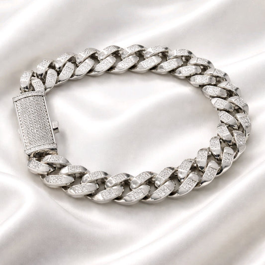 Rhodium Plated 925 Sterling Silver Miami Cuban Half Link Studded Clear CZ Bracelet.