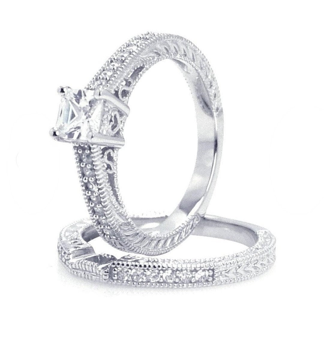Pave Princess Cut Center CZ Engagement Ring Set