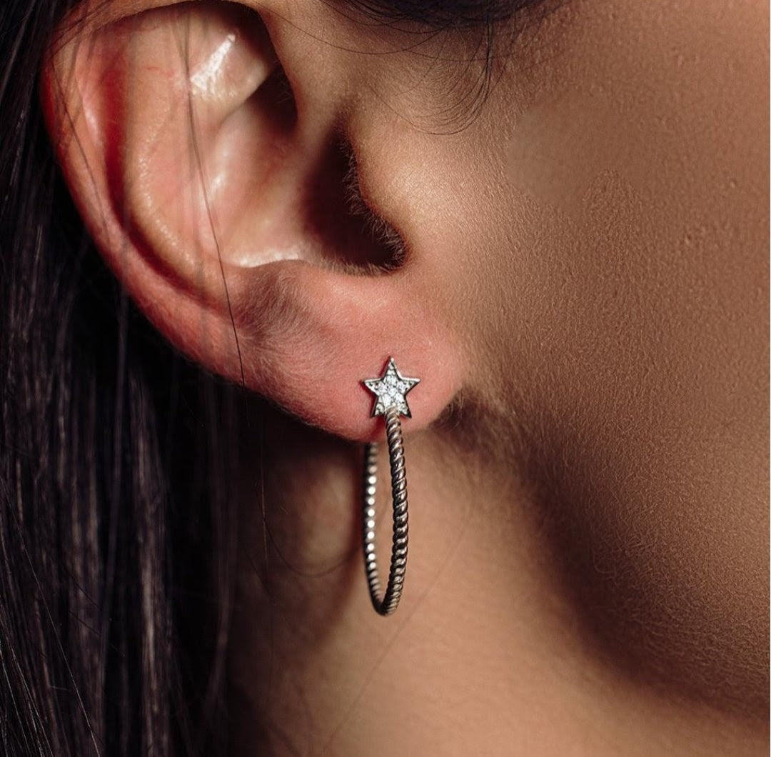 Silver 925 Rhodium Plated Rope Designed Semi Hoop Earrings