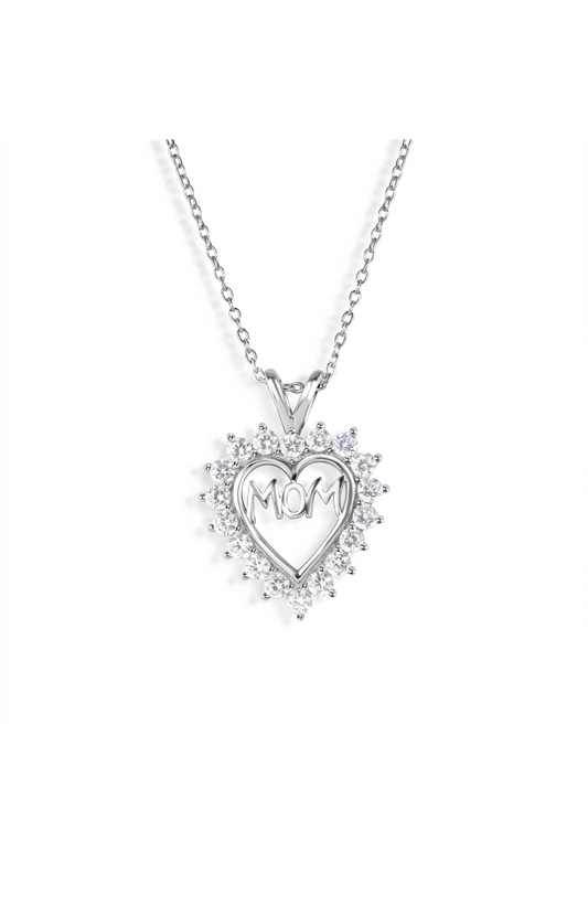 Silver 925 Clear CZ Rhodium Plated Mom Heart Pendant