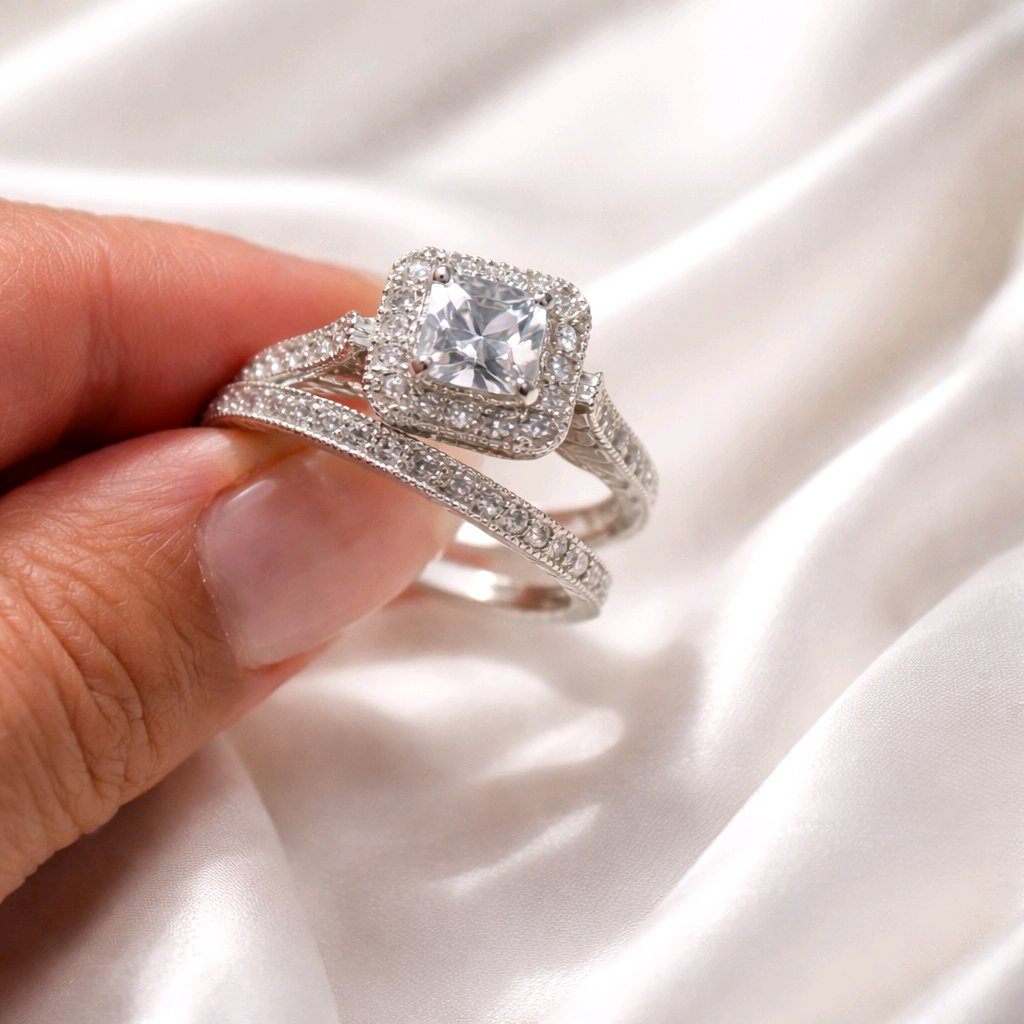 Pave Clear Square Cluster CZ Engagement Ring Set