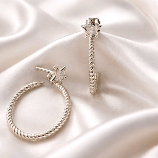 Silver 925 Rhodium Plated Rope Designed Semi Hoop Earrings