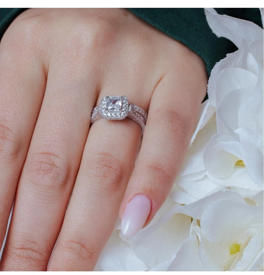 Pave Clear Square Cluster CZ Engagement Ring Set